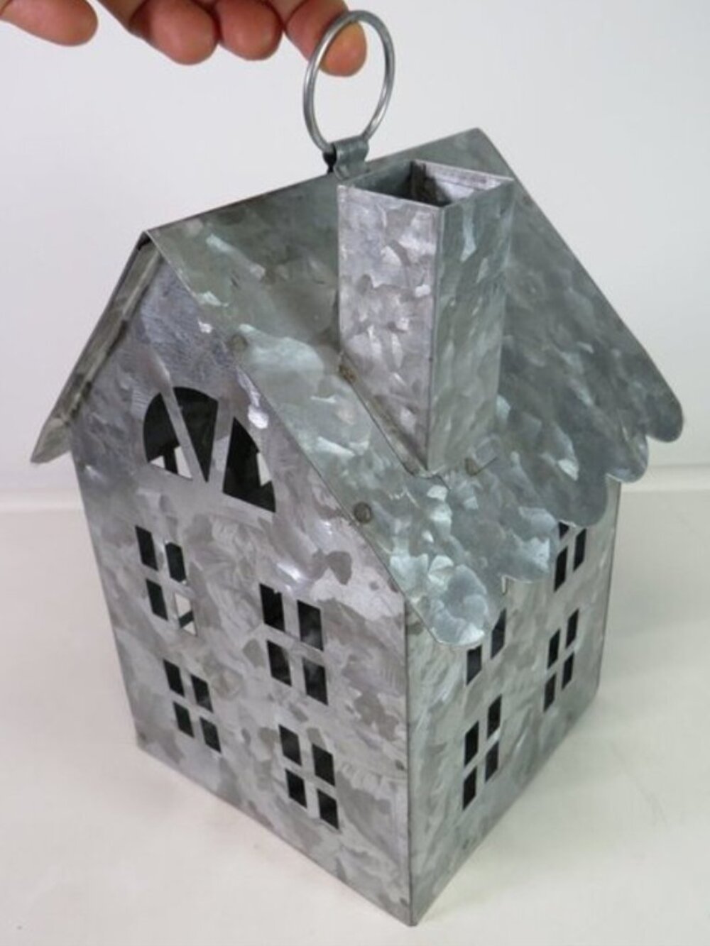 Galvanized Metal House Luminary Hanging Ring Candle Holder Scalloped Roof